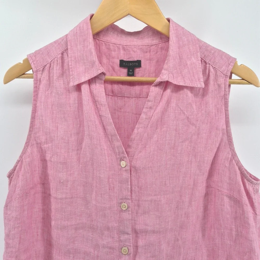 Talbots Pink 100%‎ Linen Sleeveless Button-Front Tie-Hem Top Women's Medium - Picture 3 of 9